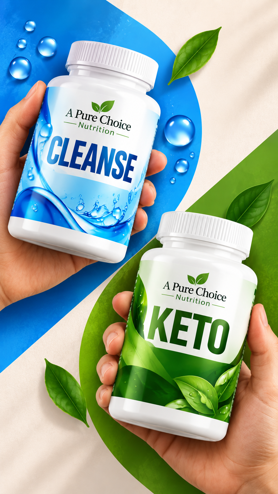 Hands holding A Pure Choice Nutrition Cleanse and Keto bottles